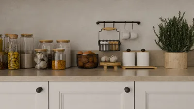 Elegante configuración de cocina con frascos de almacenamiento orgánicos, hierbas y una decoración minimalista sobre una encimera beige.